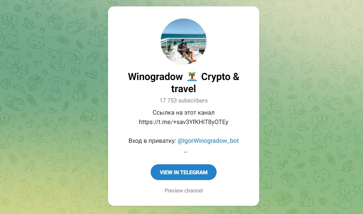 Внешний вид телеграм канала Winogradow Crypto & travel